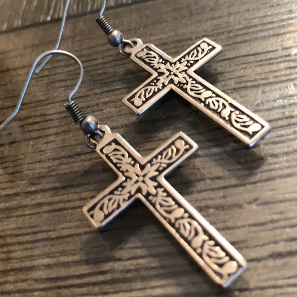 Cross Earrings Oxidized Floral Design Silvertone